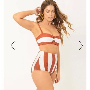 Rust and white stripped Louis swim suit top and bottom